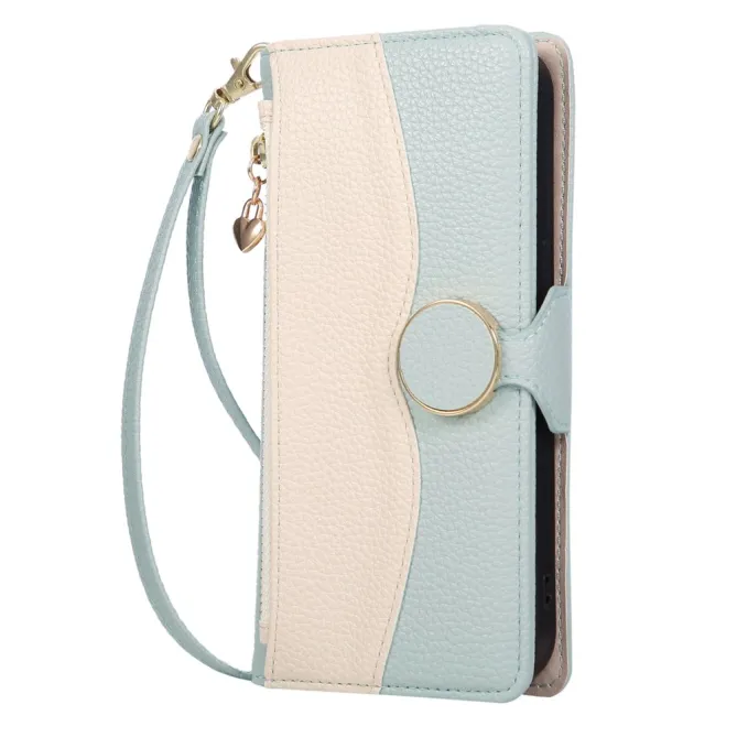 Housse iPhone 15 portefeuille zippée bicolore avec dragonne