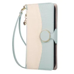 Housse iPhone 15 portefeuille zippée bicolore avec dragonne
