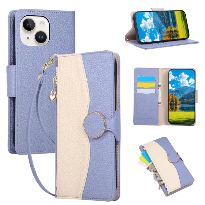 Housse iPhone 15 portefeuille zippée bicolore avec dragonne
