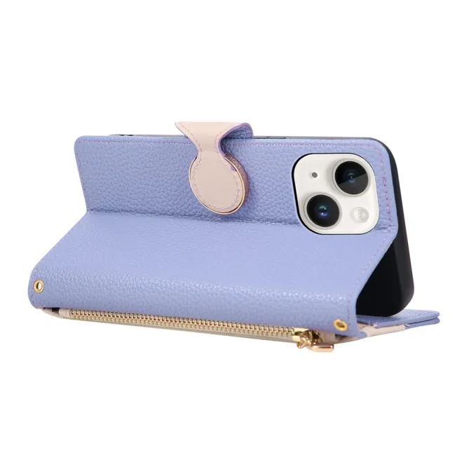 Housse iPhone 15 portefeuille zippée bicolore avec dragonne
