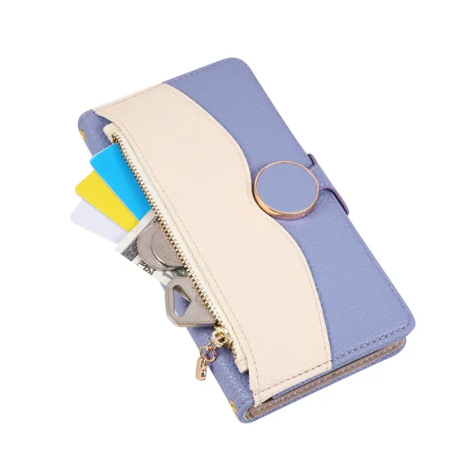 Housse iPhone 15 portefeuille zippée bicolore avec dragonne