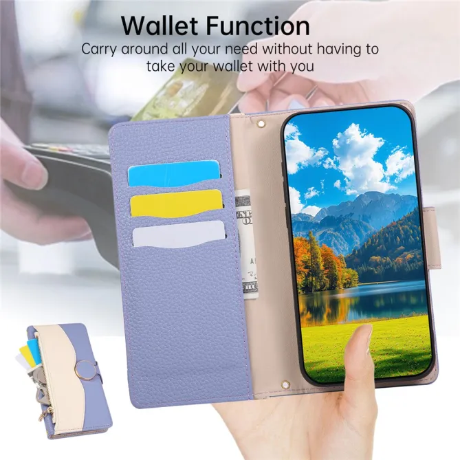 Housse iPhone 15 portefeuille zippée bicolore avec dragonne