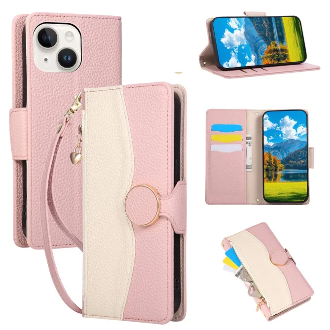 Housse iPhone 15 portefeuille zippée bicolore avec dragonne