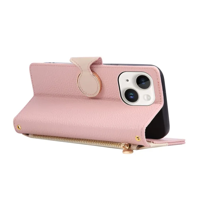 Housse iPhone 15 portefeuille zippée bicolore avec dragonne