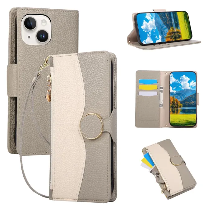 Housse iPhone 15 portefeuille zippée bicolore avec dragonne