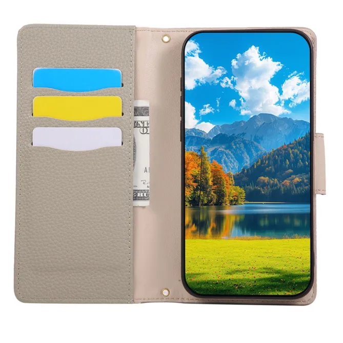 Housse iPhone 15 portefeuille zippée bicolore avec dragonne