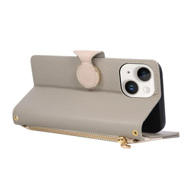 Housse iPhone 15 portefeuille zippée bicolore avec dragonne