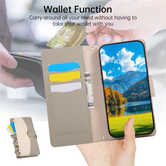Housse iPhone 15 portefeuille zippée bicolore avec dragonne
