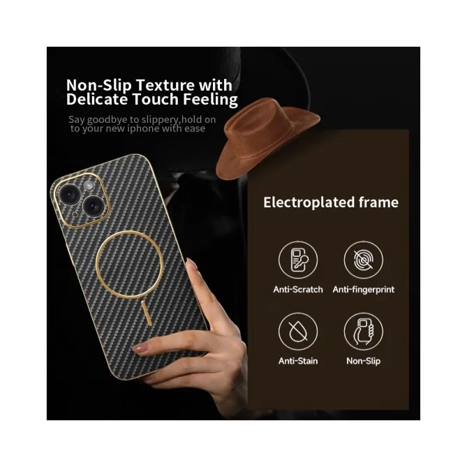 Coque iPhone 15 fibre de carbone magnétique finition métallisée