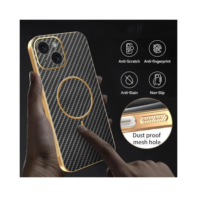 Coque iPhone 15 fibre de carbone magnétique finition métallisée