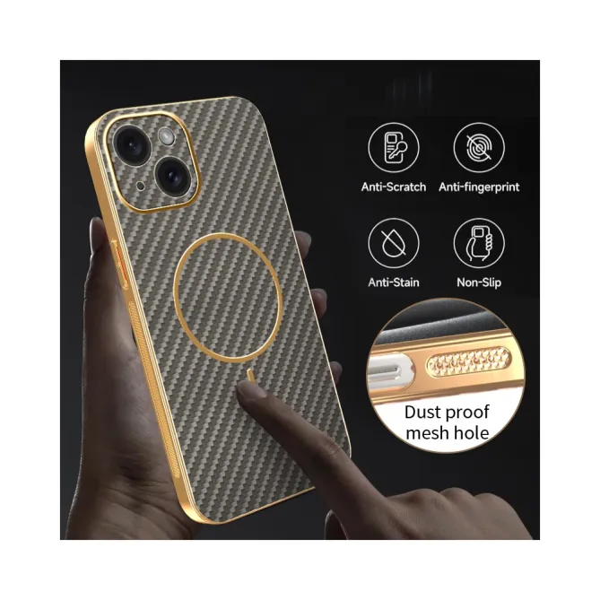 Coque iPhone 15 fibre de carbone magnétique finition métallisée
