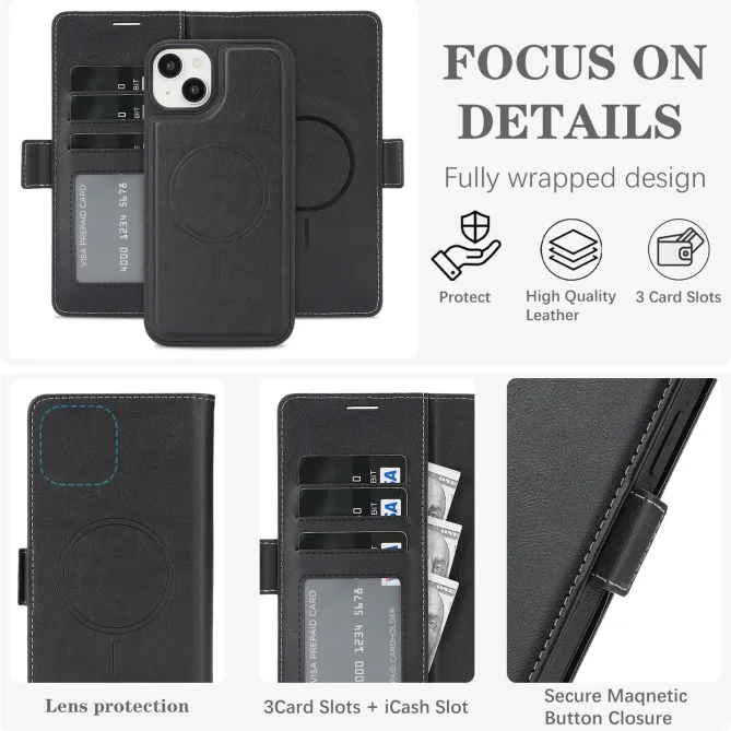 Étui iPhone 15 portefeuille détachable magnétique