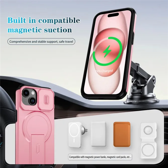 Coque iPhone 15 antichoc béquille cache caméra magnétique