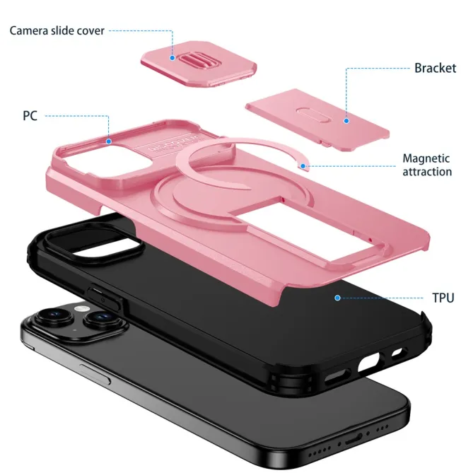 Coque iPhone 15 antichoc béquille cache caméra magnétique