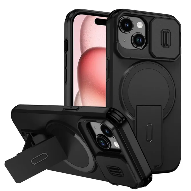 Coque iPhone 15 antichoc béquille cache caméra magnétique