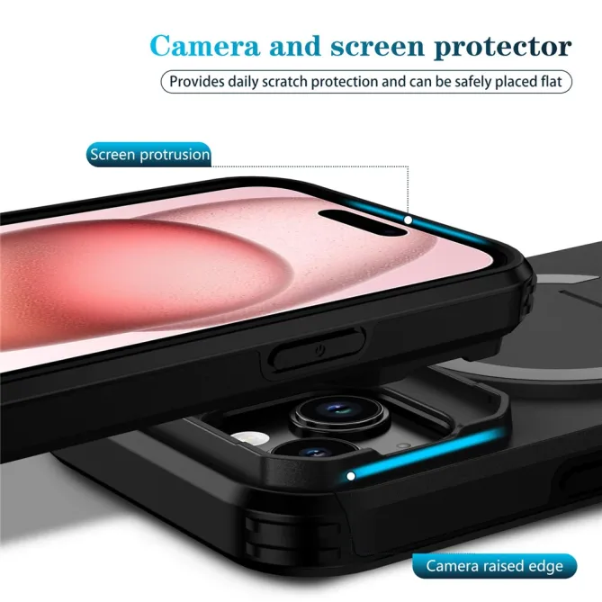 Coque iPhone 15 antichoc béquille cache caméra magnétique