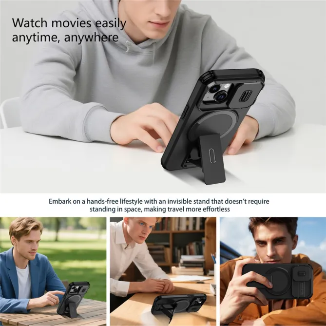 Coque iPhone 15 antichoc béquille cache caméra magnétique