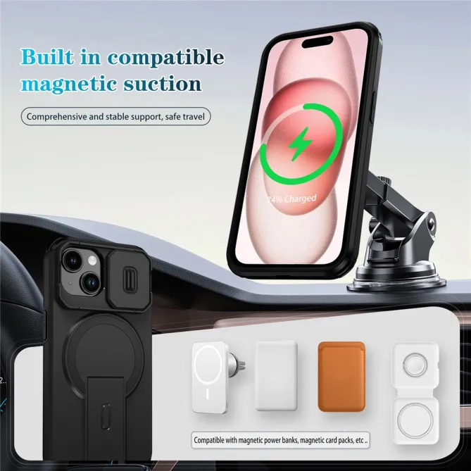 Coque iPhone 15 antichoc béquille cache caméra magnétique