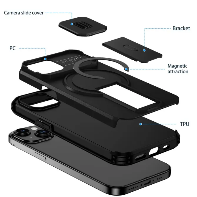 Coque iPhone 15 antichoc béquille cache caméra magnétique
