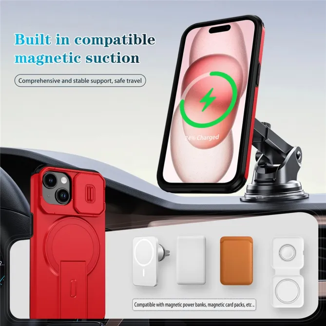 Coque iPhone 15 antichoc béquille cache caméra magnétique