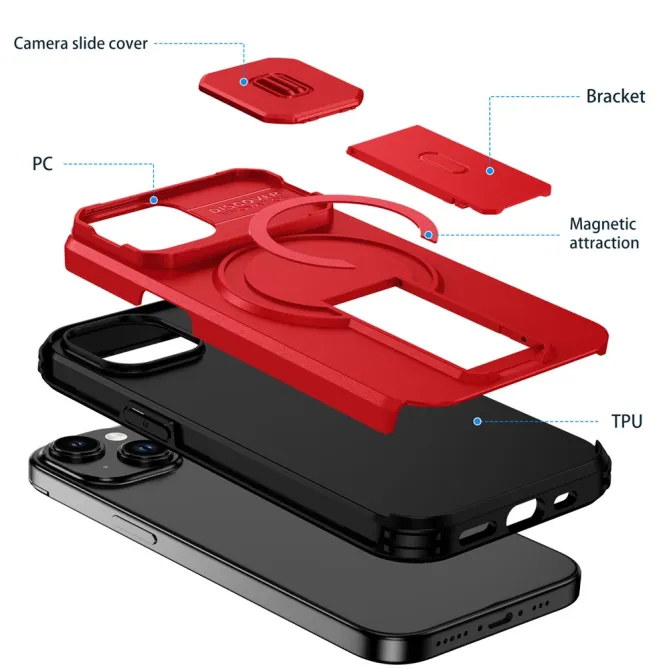 Coque iPhone 15 antichoc béquille cache caméra magnétique