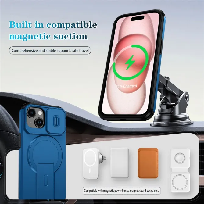 Coque iPhone 15 antichoc béquille cache caméra magnétique