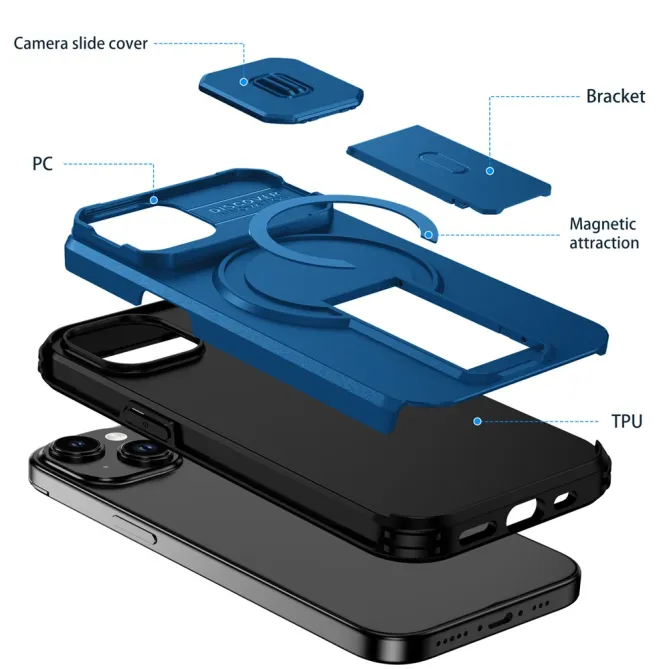 Coque iPhone 15 antichoc béquille cache caméra magnétique