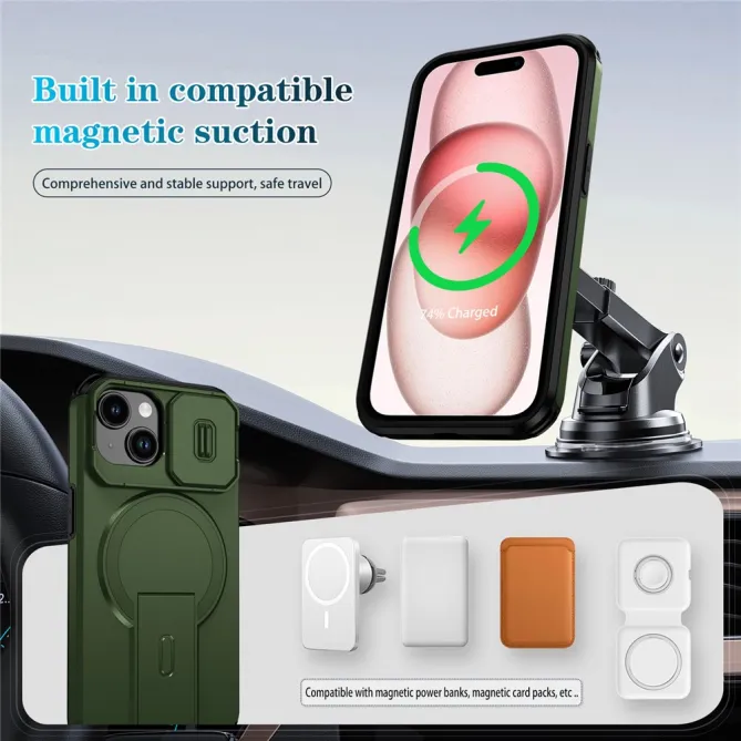 Coque iPhone 15 antichoc béquille cache caméra magnétique