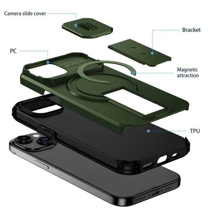 Coque iPhone 15 antichoc béquille cache caméra magnétique