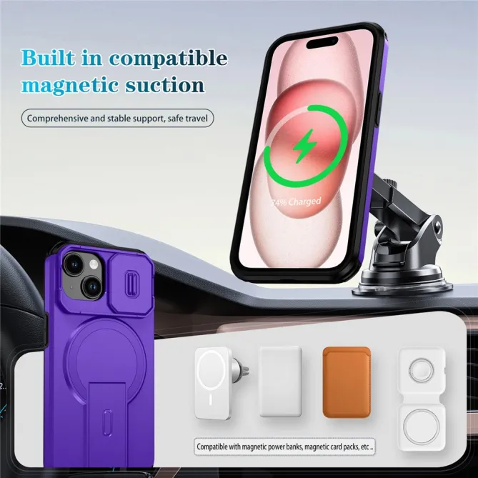 Coque iPhone 15 antichoc béquille cache caméra magnétique