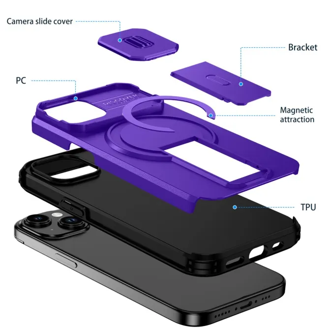 Coque iPhone 15 antichoc béquille cache caméra magnétique