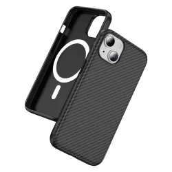 Coque iPhone 15 magnétique fibre de carbone toucher peau