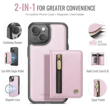 Coque iPhone 15 portefeuille détachable magnétique zippé J12