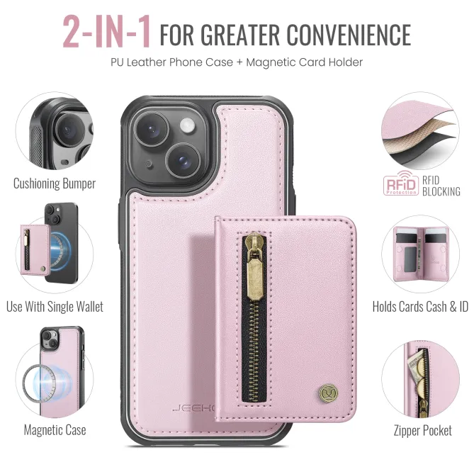 Coque iPhone 15 portefeuille détachable magnétique zippé J12