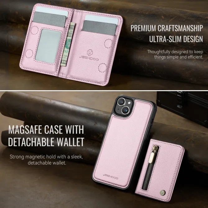 Coque iPhone 15 portefeuille détachable magnétique zippé J12