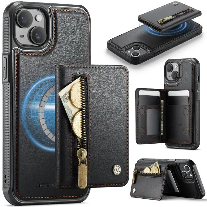Coque iPhone 15 portefeuille détachable magnétique zippé J12