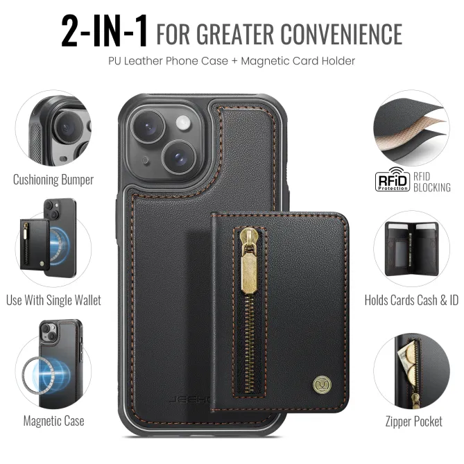 Coque iPhone 15 portefeuille détachable magnétique zippé J12
