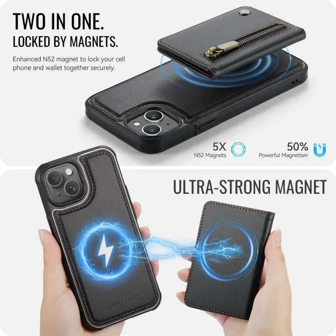 Coque iPhone 15 portefeuille détachable magnétique zippé J12