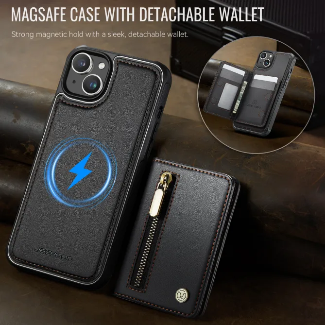 Coque iPhone 15 portefeuille détachable magnétique zippé J12