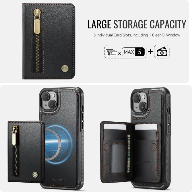 Coque iPhone 15 portefeuille détachable magnétique zippé J12