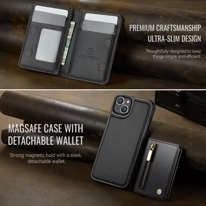Coque iPhone 15 portefeuille détachable magnétique zippé J12