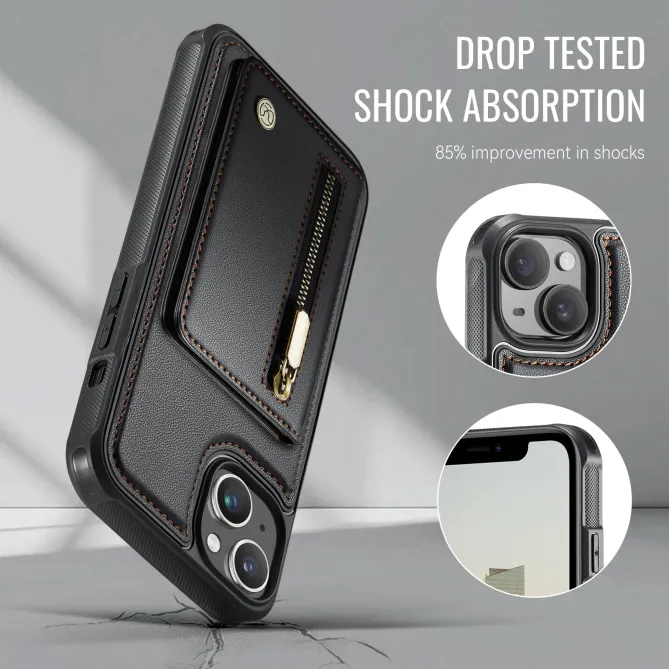 Coque iPhone 15 portefeuille détachable magnétique zippé J12