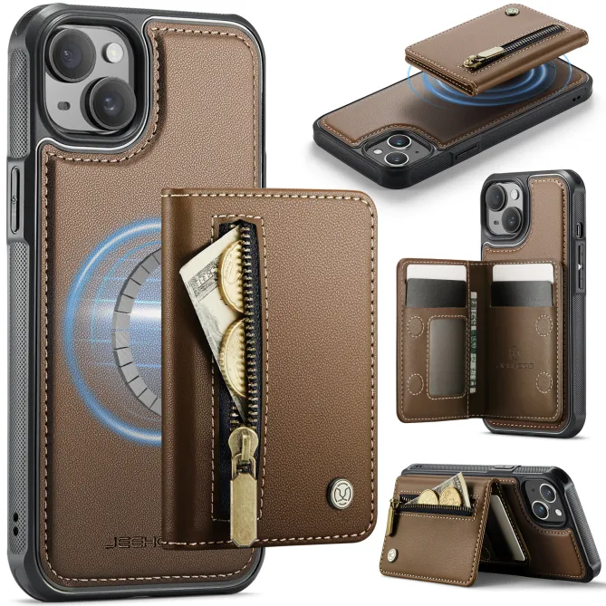 Coque iPhone 15 portefeuille détachable magnétique zippé J12