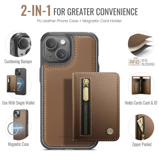 Coque iPhone 15 portefeuille détachable magnétique zippé J12