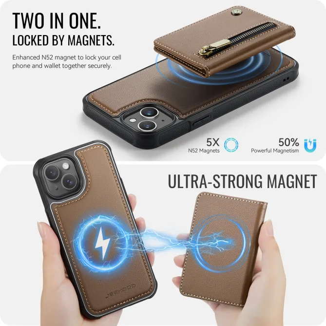 Coque iPhone 15 portefeuille détachable magnétique zippé J12