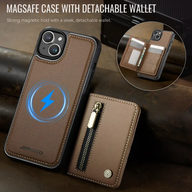 Coque iPhone 15 portefeuille détachable magnétique zippé J12