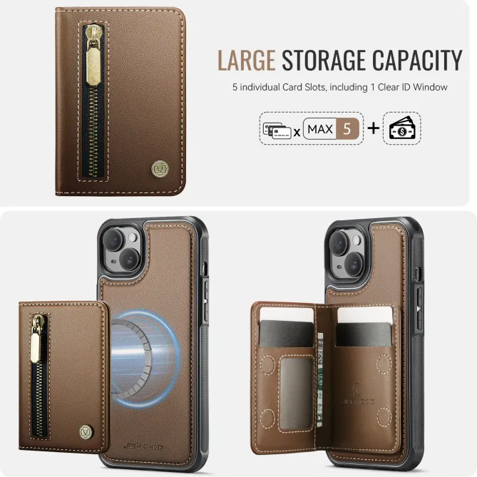 Coque iPhone 15 portefeuille détachable magnétique zippé J12
