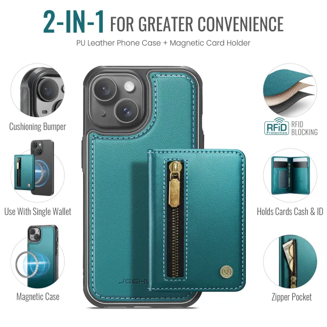 Coque iPhone 15 portefeuille détachable magnétique zippé J12