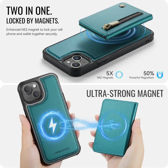 Coque iPhone 15 portefeuille détachable magnétique zippé J12