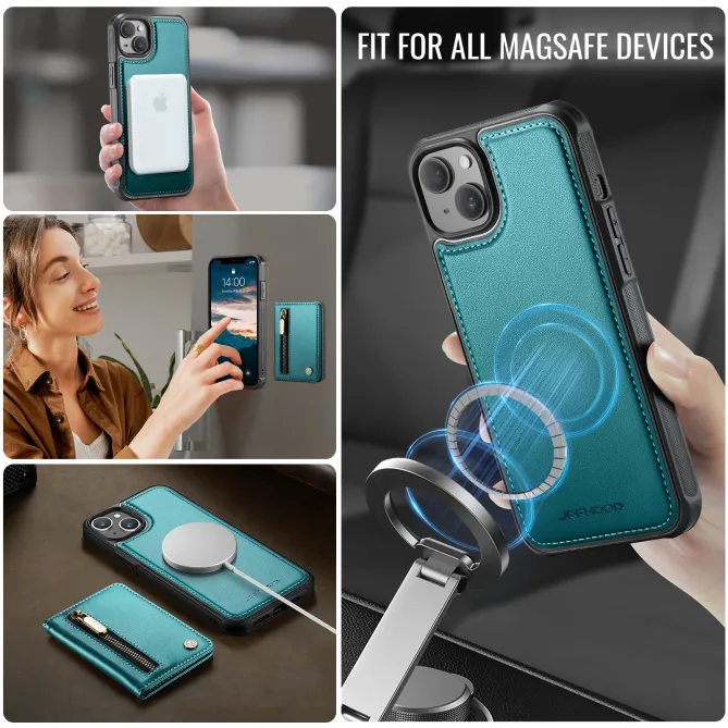 Coque iPhone 15 portefeuille détachable magnétique zippé J12